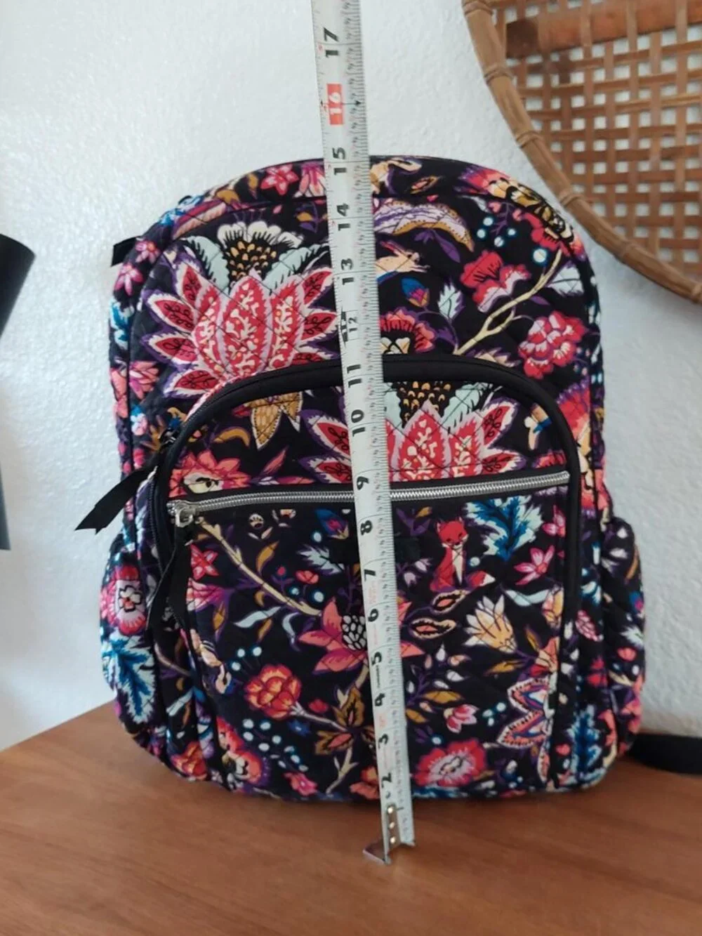 vera bradley foxwood floral backpack with pink, red, and blue flowers and birds